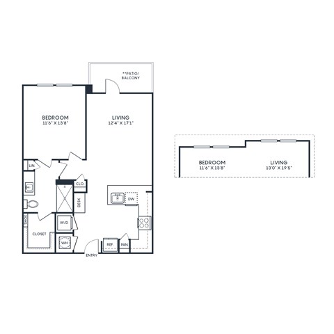 Floor plan for 1 bed, 1 bath, 819 sqft
